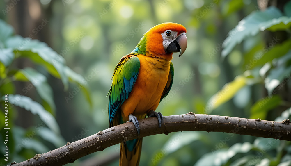 Obraz premium A vibrant parrot perched on a branch in a lush forest with green leaves and trees in the background.