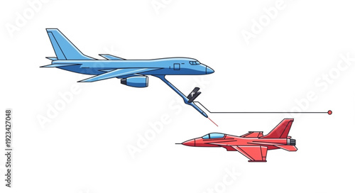 Blue Airplane Refueling Red Fighter Jet.
