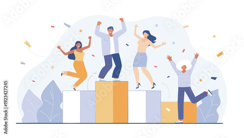 Four diverse people celebrate success, some jumping on a winners podium with falling confetti.