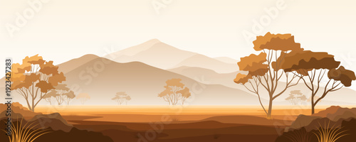 Beautiful African savannah landscape. Landscape of the African nature and mountains. Vector illustration of the African nature.