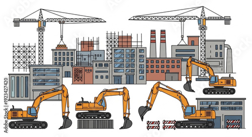 Construction site with excavators and cranes, building new structures and progress.