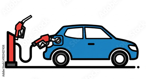 Blue Car Refueling at Gas Pump.