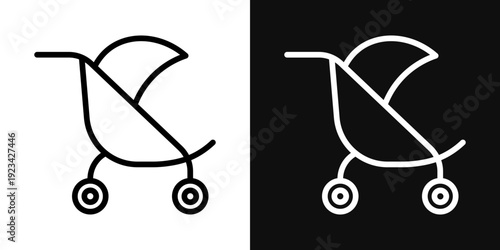 Jogging stroller icons set in black and white thin line stroke