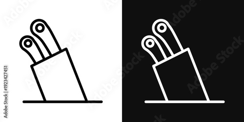 Kitchen knife block icons set in black and white thin line stroke