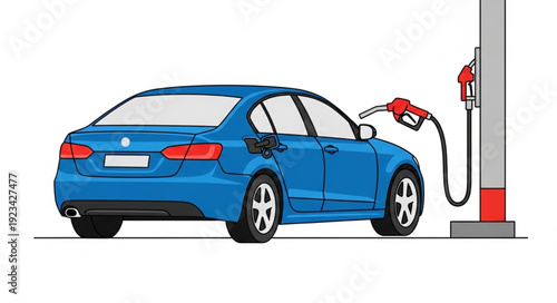 Blue Car Refueling at Gas Pump.