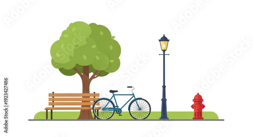 Park scene featuring a bicycle, bench, tree, lamp post, and fire hydrant.