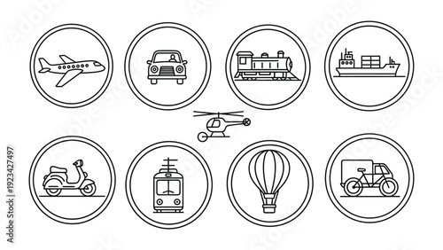 Transport Icons: A collection of transportation icons in a neat and organized style, showing diverse mode of movement. Each icon showcases detailed design and perfect for design.