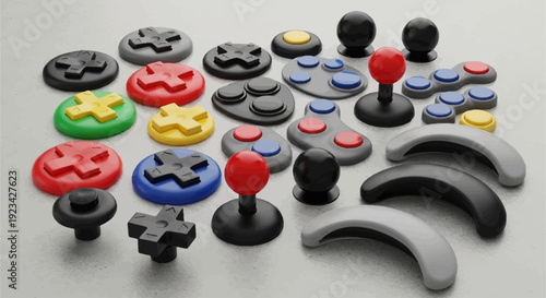 A collection of colorful video game controller components including D-pads, joysticks, and buttons arranged on a light surface.