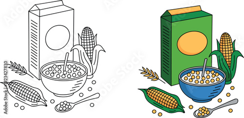 Cornflakes cereal packaging illustration with milk box bowl spoon and corn cob healthy breakfast concept outline and colored vector comparison design