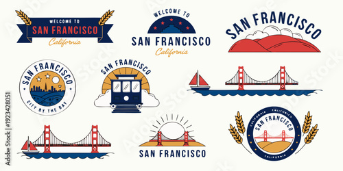 Vintage Stamp-Style San Francisco Travel SVG Set of Cards – Retro Vector Banner, Card, Flyer with Iconic Landmarks, Minimal Line Art & Classic Travel Aesthetic