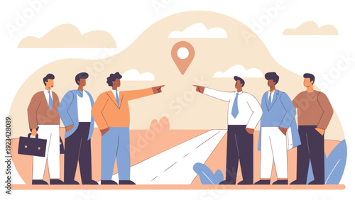 Two groups of businessmen stand on a path, pointing towards a distant location pin in a hilly landscape.