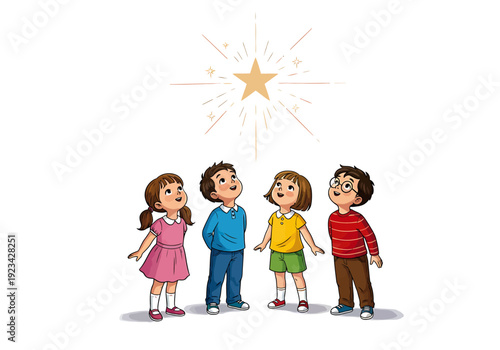 Group of Children Standing Together Looking Up at a Star in the Sky