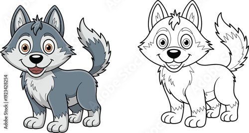 Cute husky dog cartoon character with colored and outline versions isolated on white background animal mascot vector illustration for design