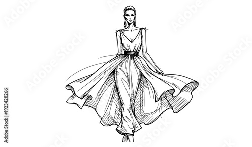 Runway Fashion Sketch Woman in Flowing Dress Hand Drawn Vector Illustration Isolated on White