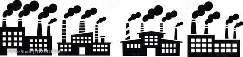 Factory pollution silhouettes with industrial buildings and smoking chimneys isolated on white background environmental contamination concept vector illustration for industry design