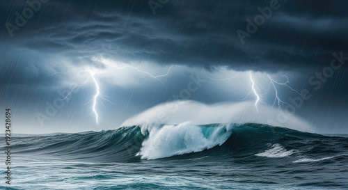 A powerful ocean wave crashes under a stormy sky with lightning illuminating the dark clouds