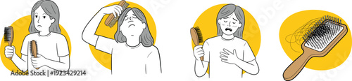 Hair loss concept set with woman holding hairbrush and falling hair strands isolated on yellow background healthcare problem vector illustration