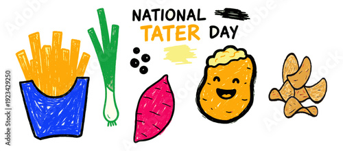 National Tater Day Hand Drawn Doodle Illustration with French Fries, Sweet Potato, Green Onions and Smiling Baked Potato Character, Colorful Crayon Style Food Celebration Design