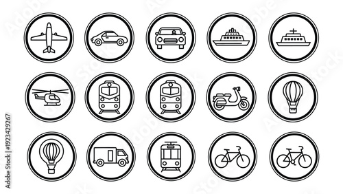 Icons of Transportation Modes: A set of simple yet informative circular icons, showcasing diverse transportation methods, from airplanes to bicycles, for seamless navigation and clear communication.