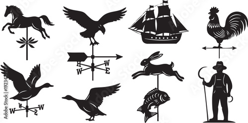 Black silhouette weather vanes featuring animals and on white background horse bird