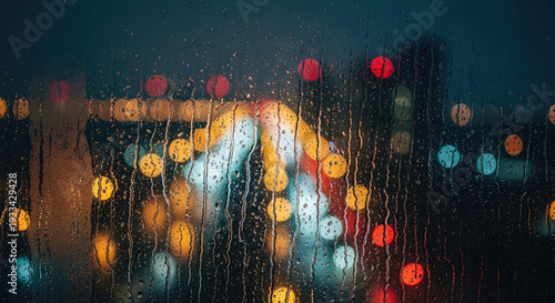A rainy cityscape at night with colorful lights reflecting off the wet windowpane