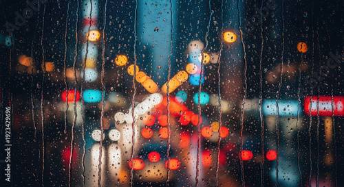 A rainy cityscape at night with blurred lights reflecting off the wet windowpane