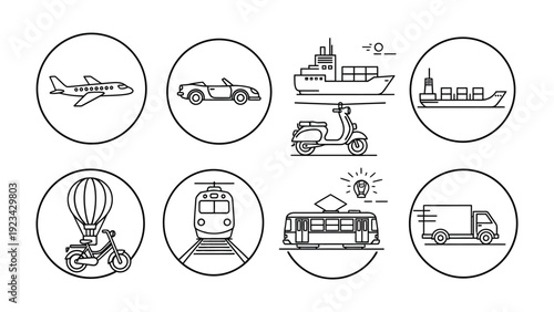 Vehicular Harmony: A captivating assembly of transportation icons, each emblem representing a diverse mode of conveyance, seamlessly united within elegant circles.
