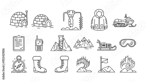 Arctic Exploration Icon Set: An illustrated collection of iconic symbols that represent arctic exploration, encompassing essential tools and elements used in polar environments.
