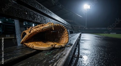 Wet Baseball Glove on Empty Bench in Rainy Baseball Stadium