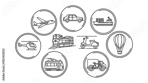 Transportation Icons: A collection of various transportation icons, including an airplane, car, ship, helicopter, train, scooter, hot air balloon, tram and truck, arranged in a circular formation.