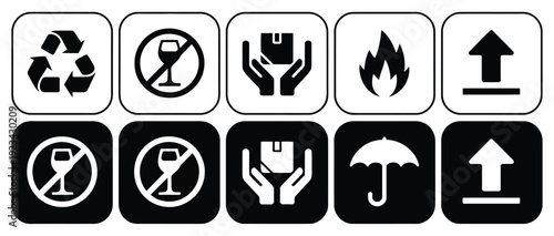 Packaging Handling Symbols Set, Shipping and Logistics Icons Showing Fragile, Flammable, Recycle, Keep Dry, This Side Up, Handle with Care, Safety Vector