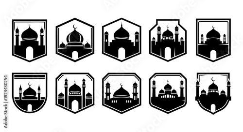 Mosque emblem set with shield and heraldic shapes for Islamic logo design and branding elements