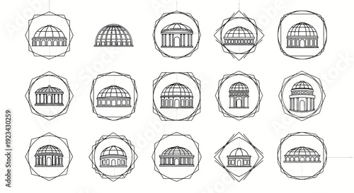 Set of Minimalist Dome Architecture Icons, Mosque Line Art Illustrations with Geometric Frames, Classic Building Vector Symbols for Logo and Web Design