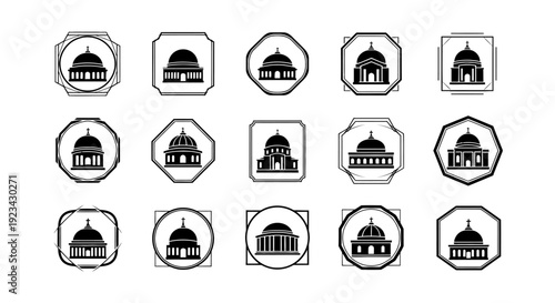 Set of elegant classical building icons with dome, architecture symbols for government or heritage landmarks in geometric frames