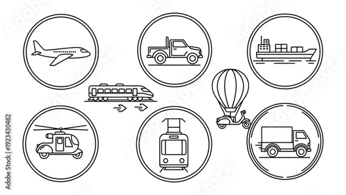 Transportation Network: A stylized illustration presents various modes of transport within circular frames, showcasing the diversity of transport options available. 