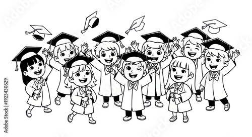 Happy Diverse Kids Celebrating Graduation, Throwing Caps in the Air