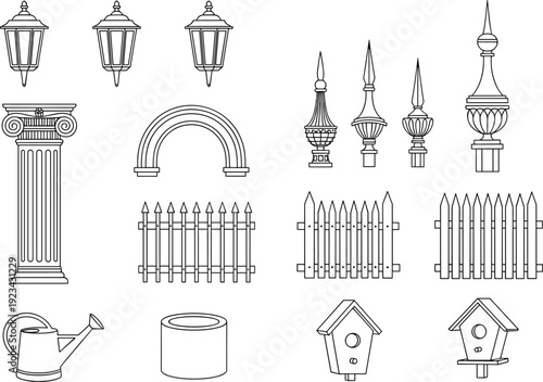 Garden decoration outline illustration set, lantern column fence arch watering can birdhouse ornaments, classic exterior architectural elements collection