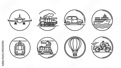 Transportation Icons: A collection of sleek, minimalist icons showcases the diversity of transport modes. The visual simplicity enhances recognition and is perfect for various design applications.