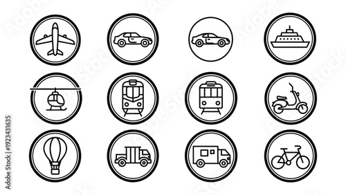 Icons of Transportation: A collection of various transport icons including a plane, a car, a ship, a helicopter, a train, a scooter, a hot air balloon, a truck, a van, and a bicycle.