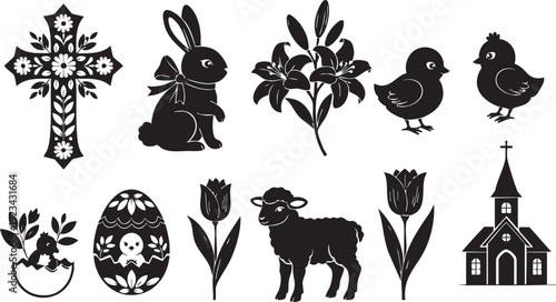 Black silhouettes of religious and spring symbols including cross, bunny, chicks, tulips, and church