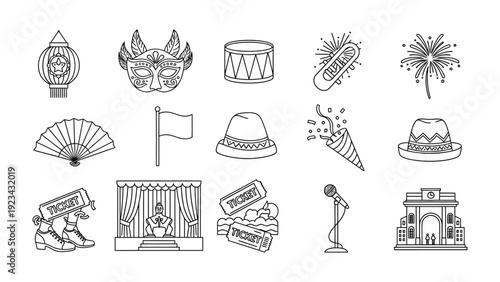 Festive Icon Collection: A meticulously curated collection of line art icons that captures the essence of joyous celebration, featuring elements that symbolize entertainment and festivities.