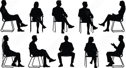 Business people sitting silhouettes collection isolated on white background, corporate meeting interview discussion vector illustration set