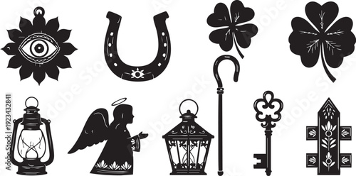 Black Silhouettes of Various Symbols and Including Horseshoe, Angel, and Key