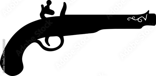 Black Silhouette of an Antique Flintlock Pistol Vector Icon