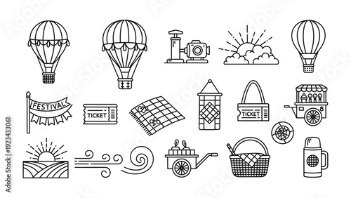 Picnic Day Symbols: A collection of simple, charming icons, perfect for conveying a sense of enjoyment and recreation under the open sky. Ideal for outdoor activity projects.