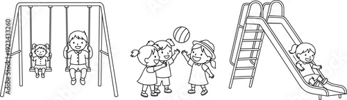 Happy children playing at playground, kids swinging sliding and playing ball, black and white line art illustration for kids coloring