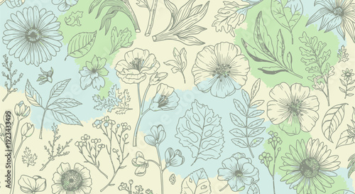 A seamless pattern featuring hand-drawn botanical illustrations of various flowers and leaves with soft pastel watercolor washes in the background.