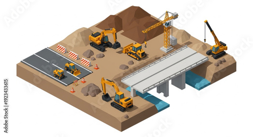 Bridge Construction Site with Heavy Machinery.