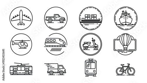 Diverse Transport Icons: A set of transport icons including various modes of transport in a circular design, ideal for navigation.