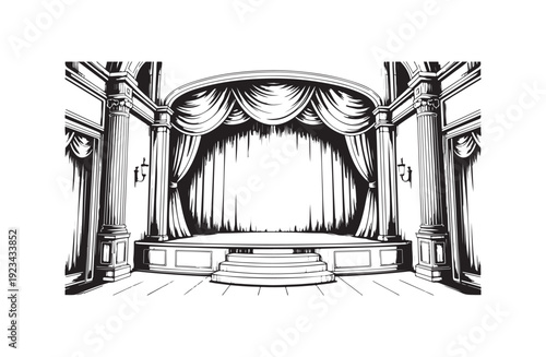 Theater Stage line art Illustration, Curtains and Empty Seats, Hand-Drawn Performance Scene vector art illustration. outline drawing theater stage with certain chair